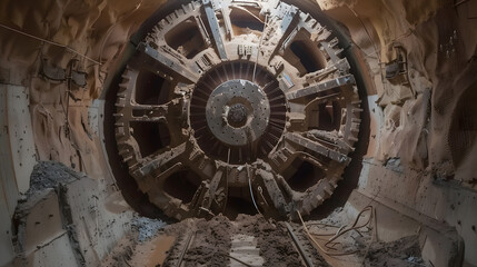Obraz premium The tunnel boring machine advances through a tunnel, with debris being removed and new tunnel linings installed