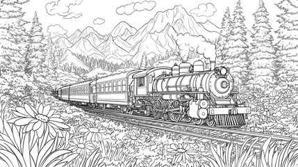 Coloring page of Cheerful Train Chugging Through Scenic Landscape