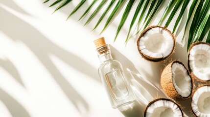 Clear bottle of MCT oil with fresh open coconuts, isolated on a white background, representing health and natural nutrition