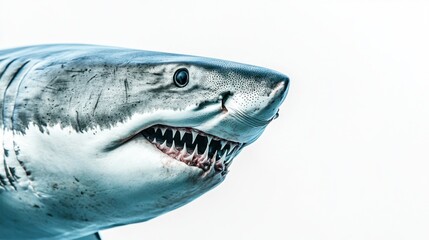 Naklejka premium Close-up of a great white shark with its jaws slightly open, isolated on a white background, showcasing its fierce, majestic appearance