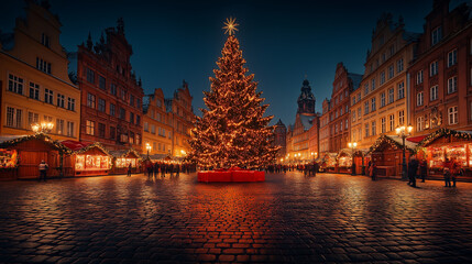 Naklejka premium Illuminated Town Square with a Large Christmas Tree, Streets Lined with Lights, Evoking Festive Spirit. Christmas Theme