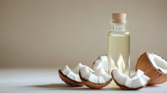 Clear bottle of MCT oil with fresh open coconuts, isolated on a white background, representing health and natural nutrition