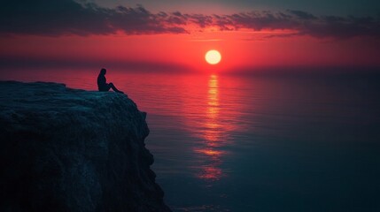 Melancholic Sunset, a solitary figure perched on a cliff gazes at a tranquil ocean, deep sadness envelops the serene landscape.