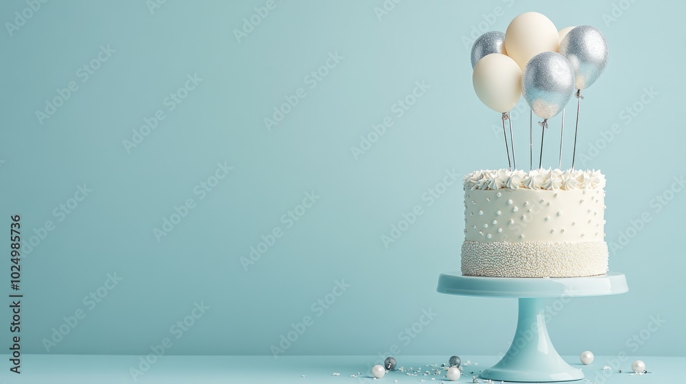 Poster A decorated cake topped with balloons, set against a soft blue background for celebrations.