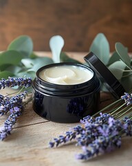 A jar of creamy lotion is surrounded by lavender flowers and green leaves, showcasing a natural and...