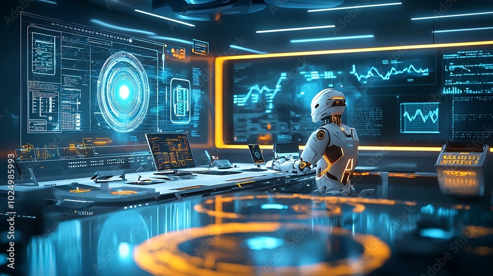 Aufkleber Futuristic robot in a high-tech control room, dark isolated setting