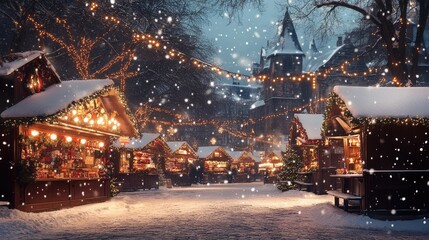 Charming Christmas Market in a Snow-Covered Square. AI generated illustration.