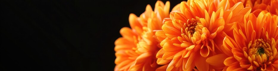 A close-up of vibrant orange chrysanthemums against a black background.