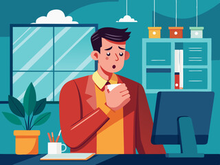 Young Man Coughing in Modern Office Holding Chest. Young man coughing in a modern office environment, hand on chest. vector illustration