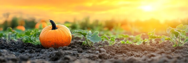 Pumpkin harvest in a field in autumn A charming field where orange pumpkins ripen, giving the atmosphere of the harvest season. banner