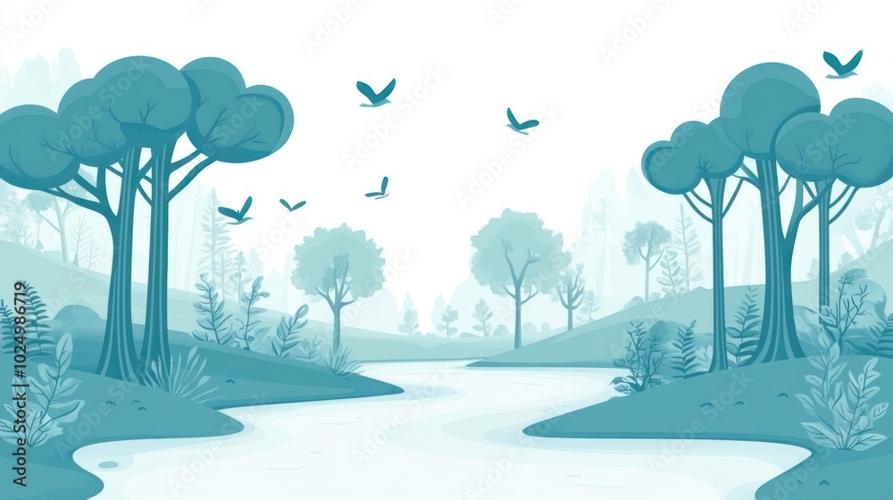 Canvas Prints A serene landscape featuring a river, trees, and birds in a tranquil, blue-toned illustration.