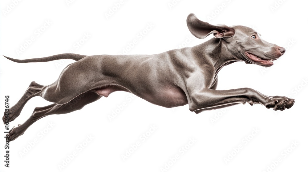 Wall mural A sleek dog leaping in mid-air, showcasing agility and energy.