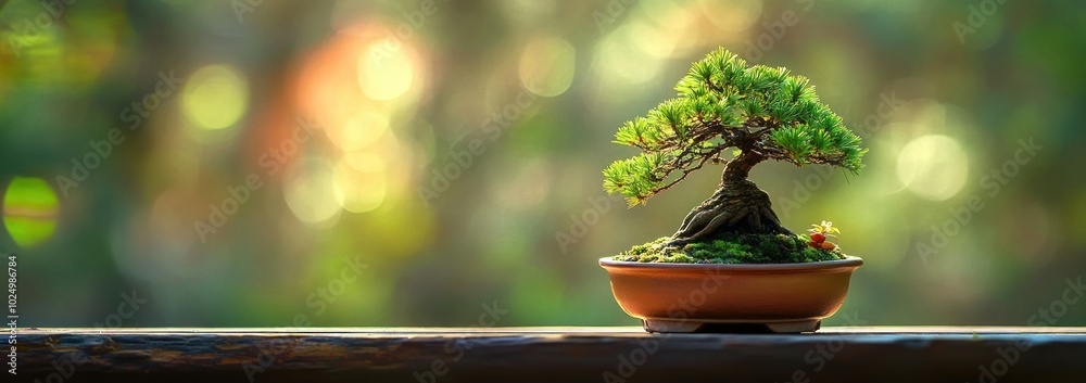 Wall mural A serene bonsai tree displayed on a wooden surface, surrounded by a blurred natural background.