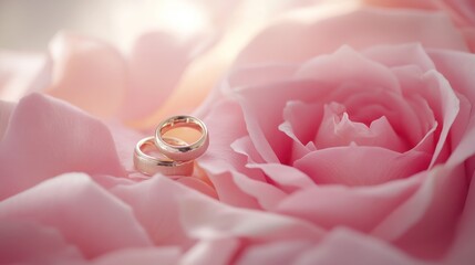 Two wedding rings resting on soft pink rose petals, symbolizing love and commitment.