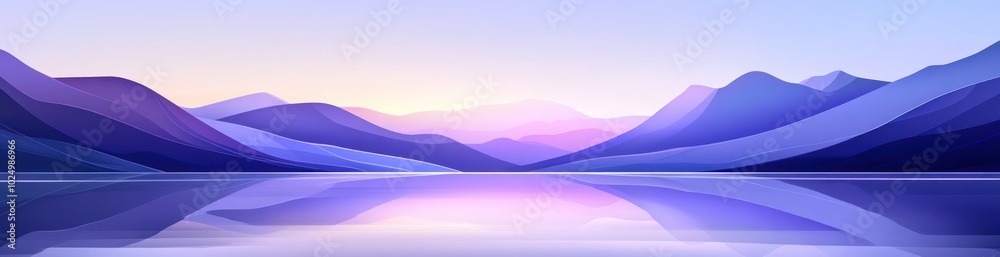 Poster A serene landscape featuring layered mountains reflected in calm water at sunrise.