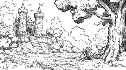 Obraz premium Coloring page of Knight in a Magical Storybook Landscape