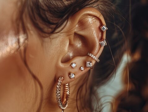 Close-up of stylish ear piercings with multiple elegant diamond earrings and hoop in warm lighting