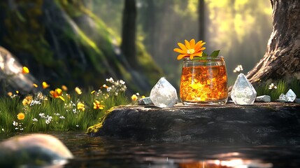 Fototapeta premium Glass of Orange Juice with Flower Garnish in Forest Setting