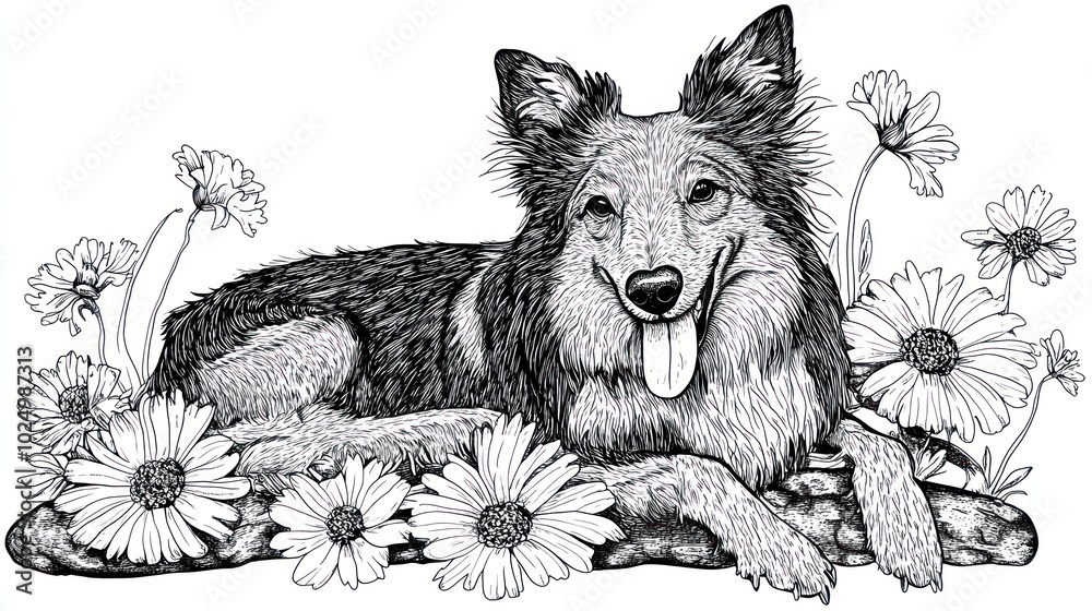 Poster A detailed illustration of a dog lying among daisies, showcasing a playful expression.