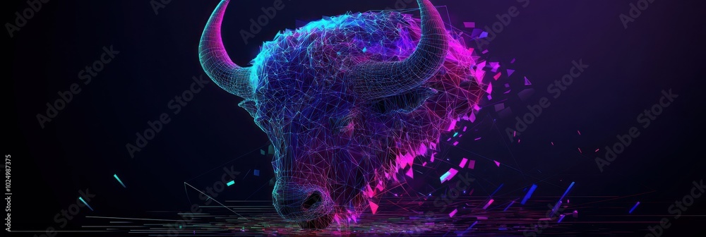 Wall mural A digital representation of a bull's head, composed of vibrant, fragmented particles.