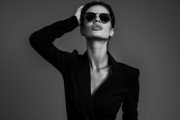 Fototapeta premium Elegant young woman in sunglasses and black suit posing confidently in stylish monochrome fashion portrait