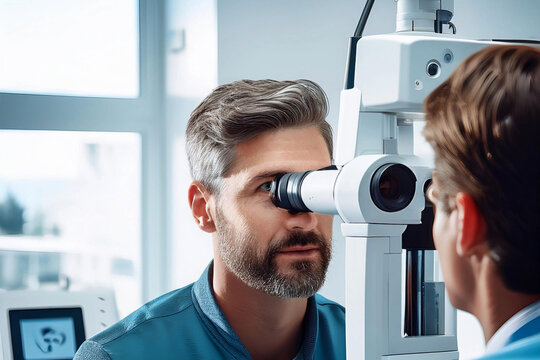 doctor y paciente salud visual realiza fondo de ojo con c&aacute;mara retiniana en consultorio, concepto de cuidado prevencion de enfermedad de vista, oftalmologia