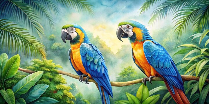 tropical forest backdrop silhouette of watercolor blue and orange macaw parrots