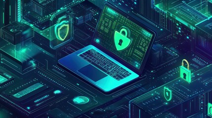 A digital illustration of a laptop with security symbols, representing cybersecurity concepts.