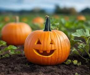 Pumpkin harvest in a field in autumn A charming field where orange pumpkins ripen, giving the atmosphere of the harvest season.