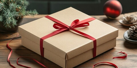 eco-friendly hand made box packaging on wooden table, eco Christmas holiday concept