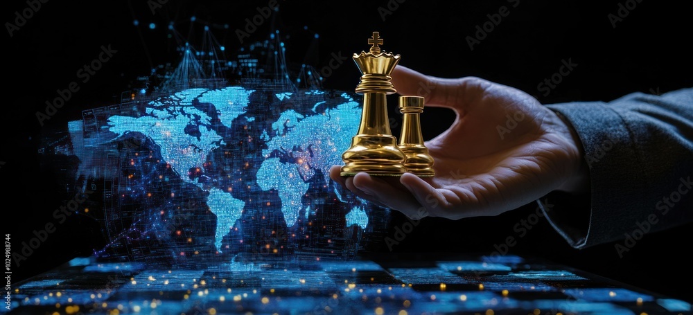 Sticker A hand holds chess pieces against a digital world map background, symbolizing strategy and global impact.