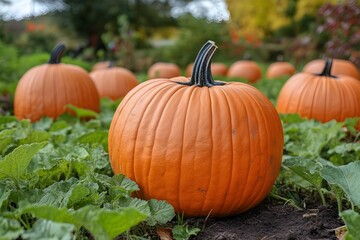 Pumpkin harvest in a field in autumn A charming field where orange pumpkins ripen, giving the atmosphere of the harvest season.