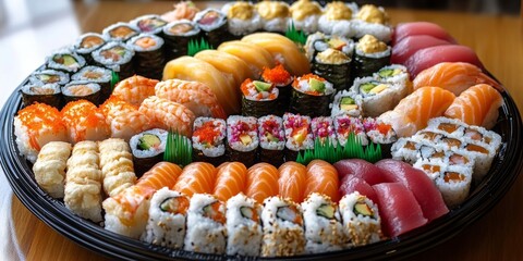 Sushi Delight, an artfully crafted platter showcasing diverse rolls, elegantly presented in a vibrant arrangement, inviting a culinary experience.