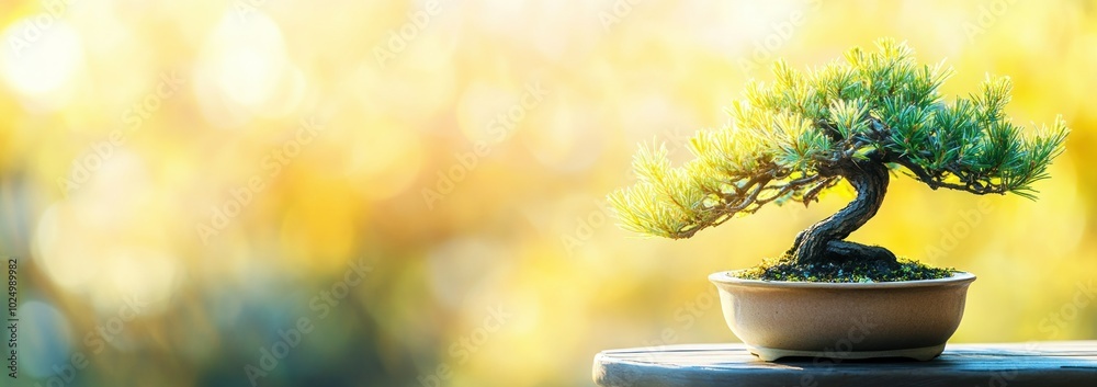 Wall mural A tranquil bonsai tree in a pot, illuminated by soft sunlight, symbolizing peace and nature.