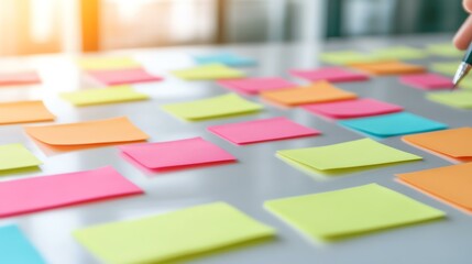 Close-up of business strategies being written on sticky notes, active consulting meeting, natural soft lighting, creative brainstorming, open and bright workspace.