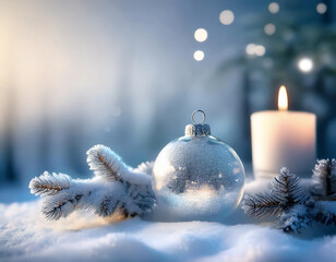 Christmas decoration and candle in the snow