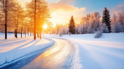 Sunset casts a golden glow over a serene, snow-covered winter landscape, AI