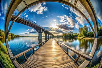 Fototapeta premium Bridge over the river with a fisheye perspective stairway to heaven