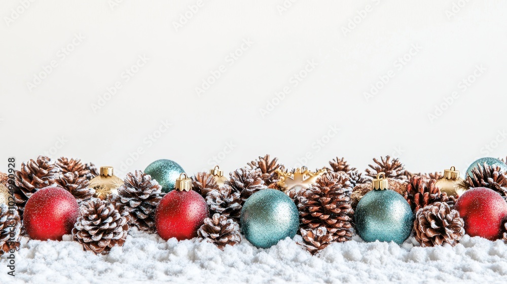 Wall mural A festive arrangement of Christmas ornaments and pinecones on a snowy surface.