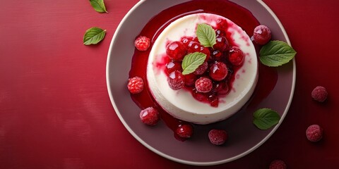 Creamy Italian panna cotta with vibrant berry sauce elegantly displayed in a modern setting, inviting indulgence and culinary delight