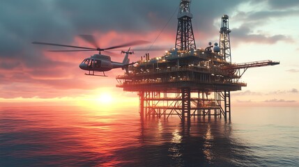 Obraz premium Oil rig with helicopter against a vibrant sunset backdrop.