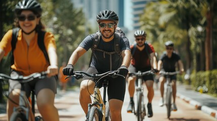 A diverse group from Turkey, UAE, and Malaysia cycling together through a green city, showcasing global connections through urban mobility