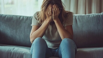 Obraz premium Upset woman, frustrated with work or relationship problems, sitting on the sofa, hugging her knees, covering her face in her hands.