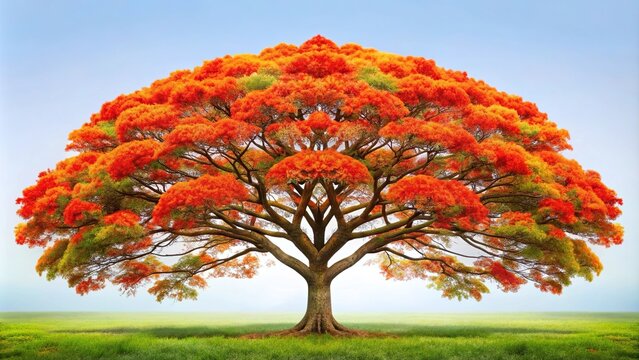 Vibrant symmetrical Flamboyant Flame Tree blossoms on Royal Poinciana tree