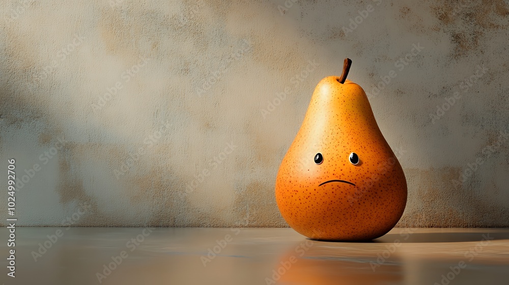 Wall mural a pear with a sad face sits on a table against a textured wall.