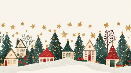 Christmas Frame with Trees and Houses. AI generated illustration.