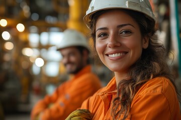 Woman in an orange safety suit is smiling at the camera. diverse group of Brazilian oil workers smiling at camera in refinery wearing orange coveralls and work gloves, white helmet