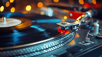 Vintage Turntable Vinyl Record Player Close Up With Bokeh Lights
