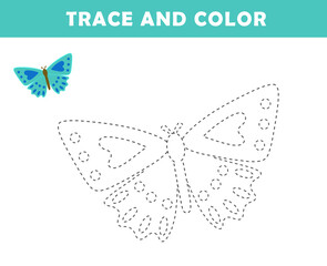 Trace and color for children. Handwriting practice. Coloring page for kids. Preschool worksheet with cute butterfly illustration.
