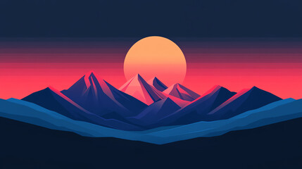 Fototapeta premium Stunning digital landscape depicting majestic mountains under a vibrant sunset, showcasing rich colors and serene beauty.